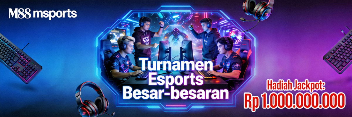 Banner turnamen esports besar-besaran yang tersedia di platform M88 msports dengan hadiah jackpot